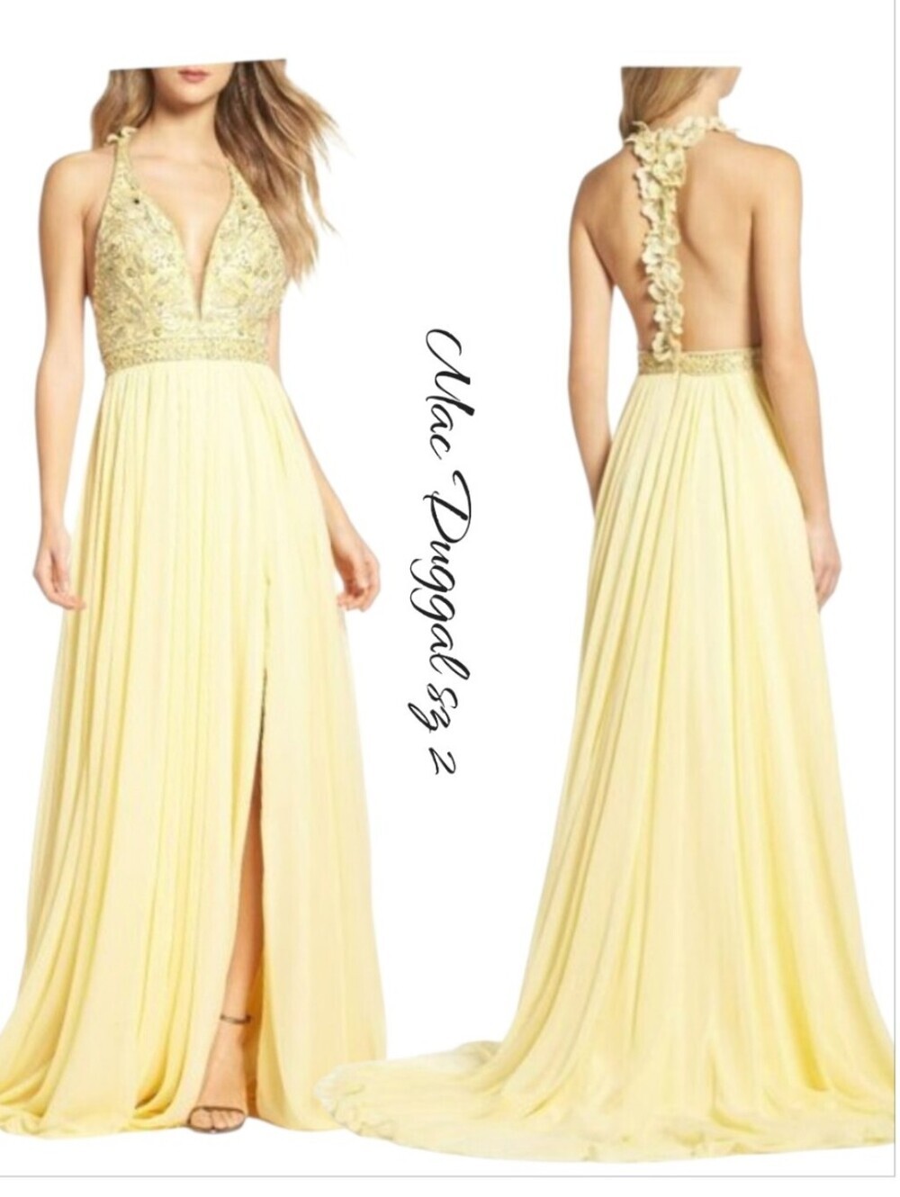 NWOT Mac Duggal Beaded Halter Neck Gown Lemon Yellow 2